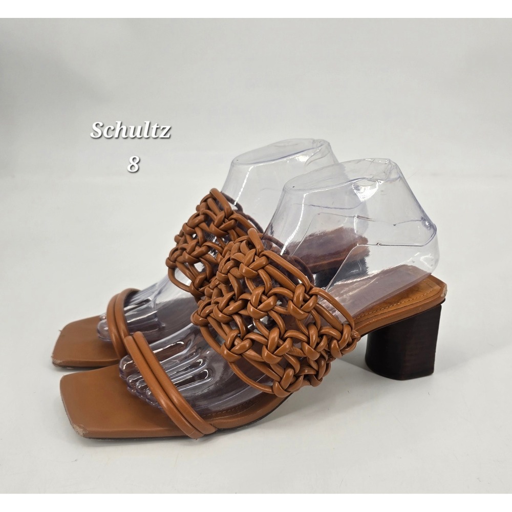 Schutz Rosalia Strappy Heels Tan Leather Woven Sandals Anthropologie Square Toe